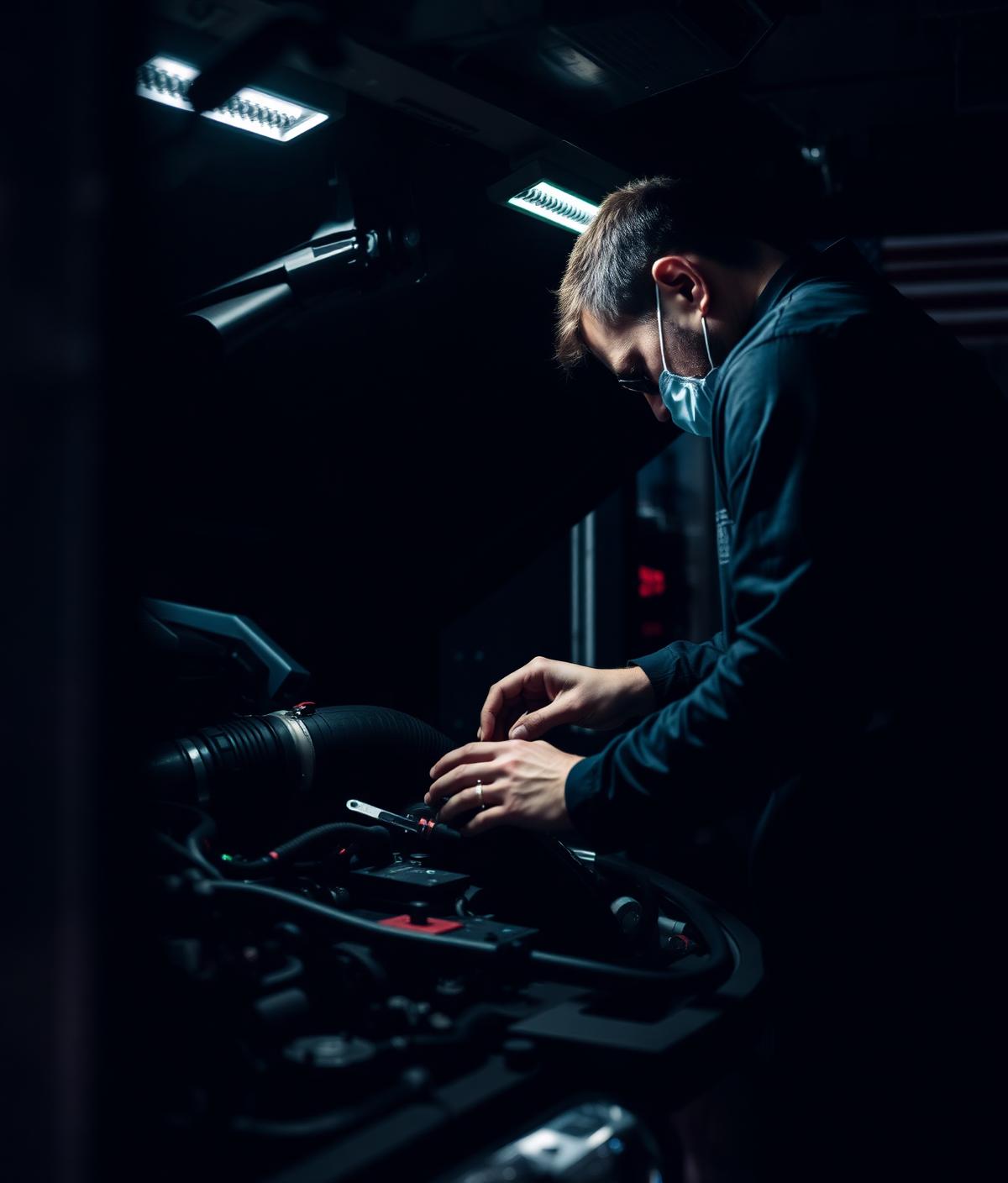 Mobile mechanic working on engine